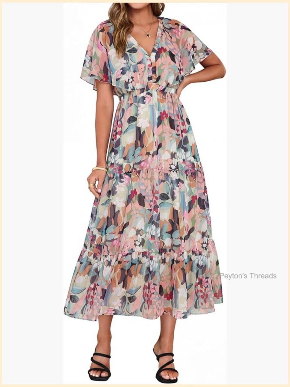 Floral Boho Maxi Dress V Neck Ruffle Sleeve Tiered A-Line Flowy Chiffon